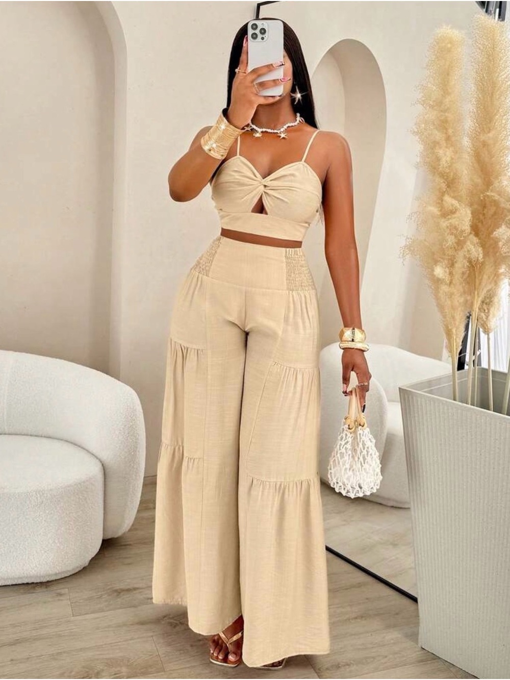 Women’s Beige Two-Piece Wide-Leg Jumpsuit Set